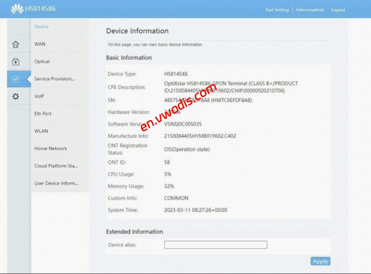 【Firmware】HUAWEI Optical Modem HS8145X6 EN Language V5R020C00S035 Firmware
