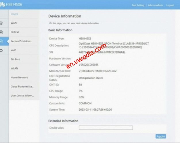【Firmware】HUAWEI Optical Modem HS8145X6 EN Language V5R020C00S035 Firmware